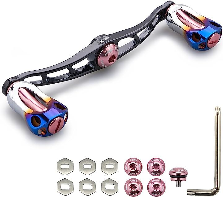 リール ハンドル 22mm ノブ搭載 シマノ SHIMANO ダイワ DAIWA アブ Abu 通用 ベイトリール Aurora Series -( 115mm - ブラック＆桜ピンク)