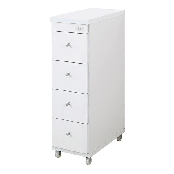 隙間収納 幅 25cm すき間 収納 棚 洗面所 キッチン 4段 引き出し ランドリー キャスターつき コンセント付き 日本製 高品質 白 ホワイト