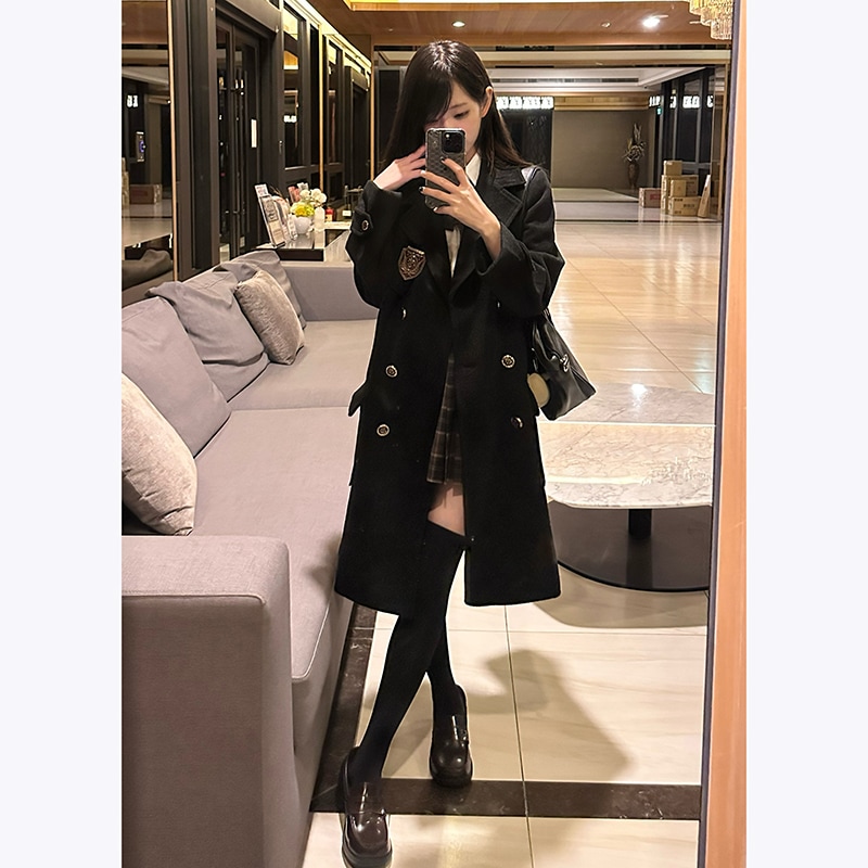JKコートカレッジスタイルウールコートロングブラックダブルブレストプラッシュコートジンナンレディース