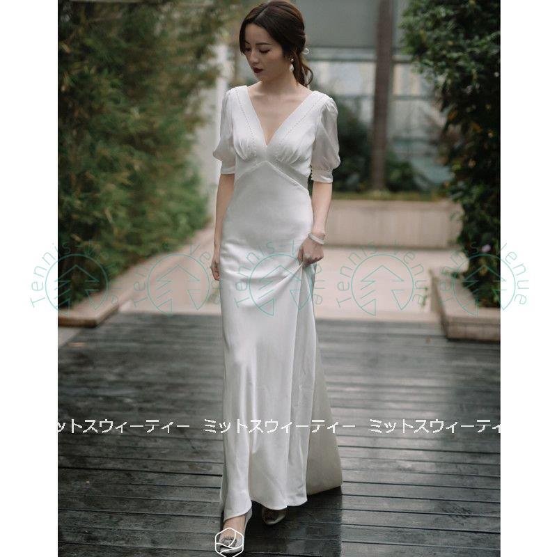 ウエディングドレス ロングドレス 二次会 花嫁 パーティドレス 結婚式 ウェディグドレス 白 サテン