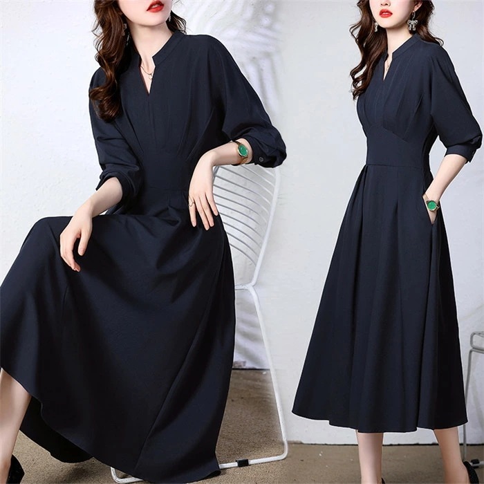 レディース ワンピース ロング丈 フォーマルワンピース ミモレワンピース きれいめ 春秋 長袖 大きいサイズ 無地 立ち襟 スタンドカラー 大人 エレガント ドレス aライン ウエストマーク 着痩せ