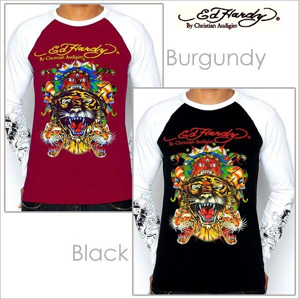 送料無料Ed Hardy メンズ　ロンT　長袖 ラグラン袖 エドハーディー マルチ タイガー