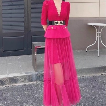 レディース ワンピース ロング アシンメトリー 7分袖 Vネック フレア タイト スリム 細身 Aライン フェミニン レース 刺繍 チュール ベルト ハイウエスト 透け感 シースルー ヴィンテージ