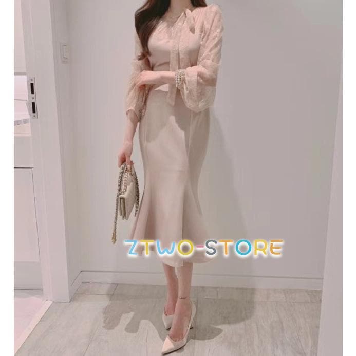 ワンピースドレスドレスボウタイリボン マーメイドドレス シアー袖 長袖 パーティードレス 袖あり パフスリーブ 膝下丈 黒 結婚式 お呼ばれドレス マーメイドワンピース