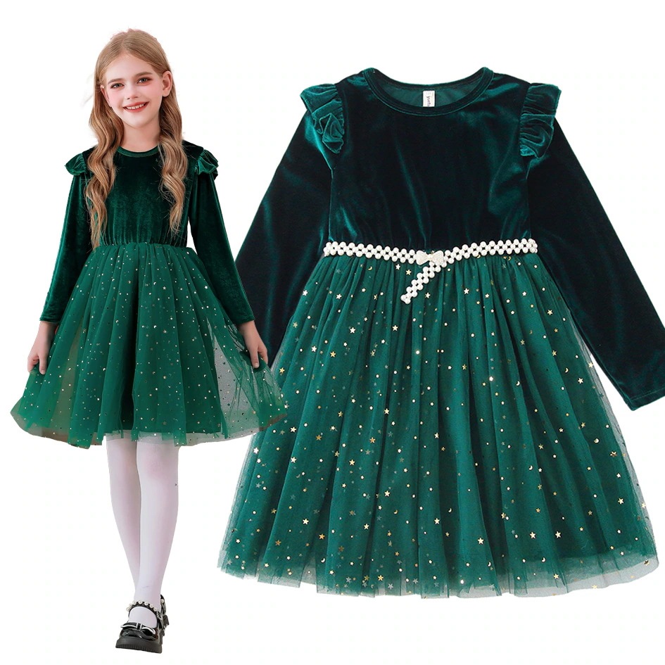 ヨーロッパとアメリカの女の子の長袖クリスマスドレスパーティーグリーンスターメッシュスカートプリンセスドレスパフォーマンスコスチューム子供服