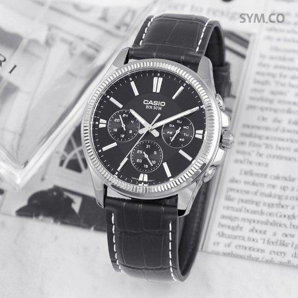 MTP-1375L-1A ヴィンテージ多機能フルーテッドベゼル スーツ メンズ レザーウォッチ d