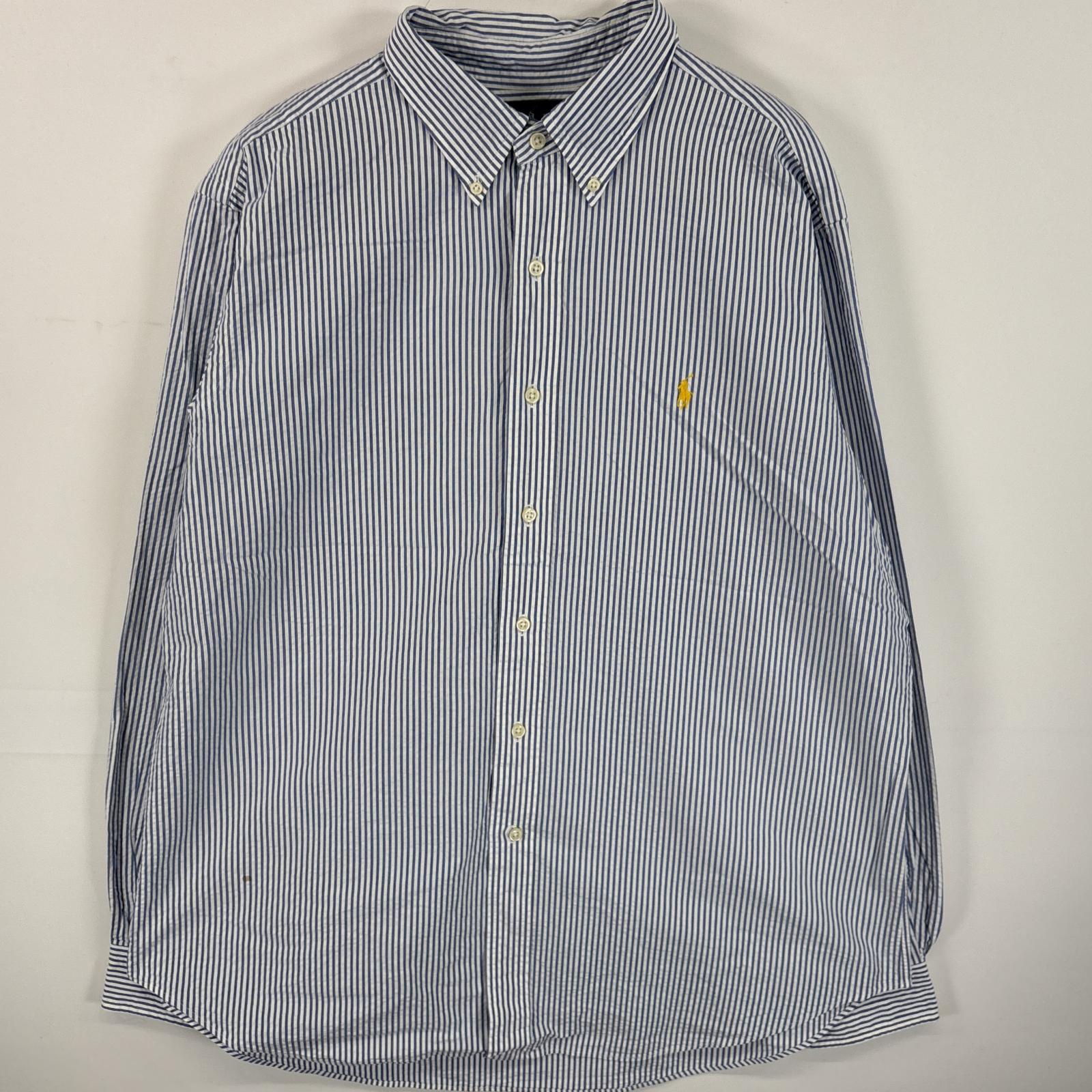 古着 シアサッカー 長袖シャツ ボタンダウンシャツ ワンポイント ロゴ 刺繍 大きいサイズ XL ブルー系 ストライプ メンズ