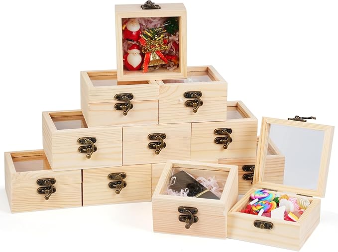 12個 未完成木製ボックス ヒンジ付き蓋付き ジュエリー 小さな木製ボックス 3.5 x 3.5 x 1.8インチ クラフト用木製ボックス ガラス蓋付き 標本ブレスレットDIY用天然木製ギフトボックス