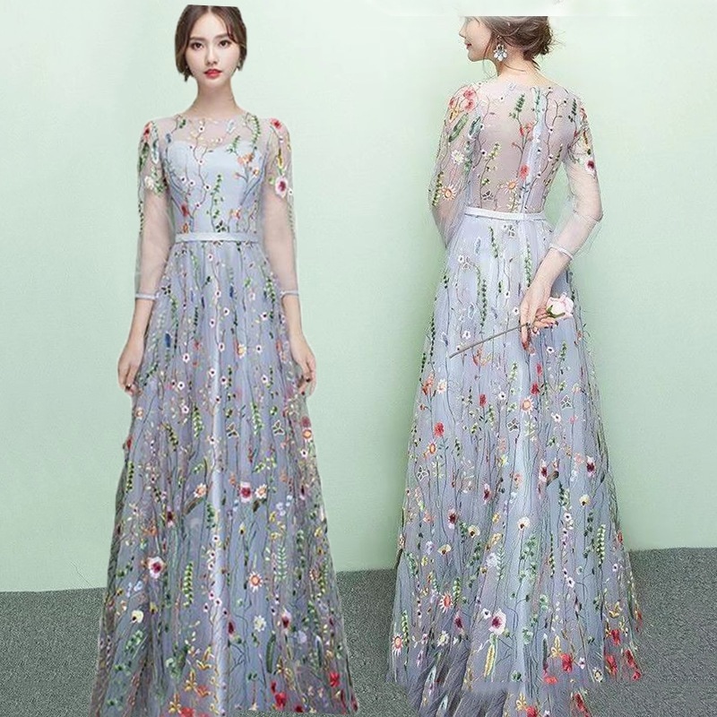 イブニングドレス2024レースロング気質宴会ホストドレス長袖ドレス女性用