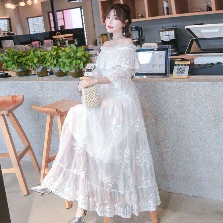 数量に限りがある白ワンピース マキシワンピ 五分袖 長袖レース ワンピース レディース リゾート夏 ボートネック ロング丈 ホワイト パーティードレス 結婚式 大人