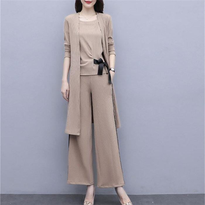 3点セットアップセットアップレディースtシャツ+カーディガン+ワイドパンツ無地丸首カジュアル体型カバーシンプル着痩せゆったり203040