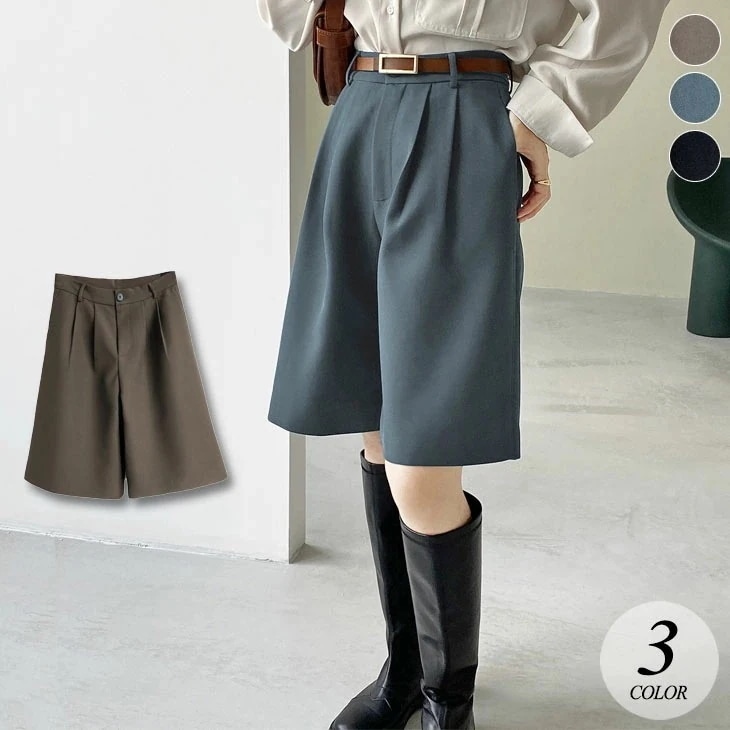 【2025新作 急速出荷】タック入り キュロット ボトムス パンツ 五分丈 ハーフパンツ ツータック おしゃれ 可愛い 無地 シンプル きれいめ カジュアル 春 秋 冬 レディース 韓国ファッション