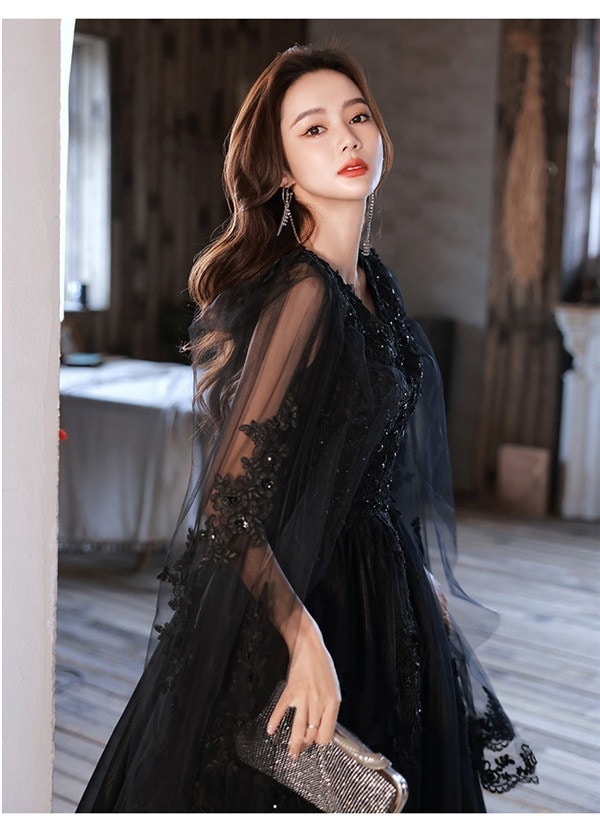 ワンピースドレスドレス大人 Vネック 謝恩会 誕生日会 ピアノ 黒 30代 ロングドレス 母親 フェミニン 演奏会 ステージ 結婚式 ファスナー ビッグカラー 小さいサイズ 花嫁 卒業式 発表会