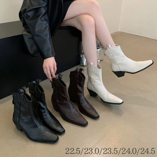 ショートブーツ ウエスタン レディース シンプル 疲れない チャンキーヒール防寒 靴 歩きやすい 黒 ブラウン ベージュ 太ヒール 春 秋 22.5 23.0 23.5 24.0 24.5