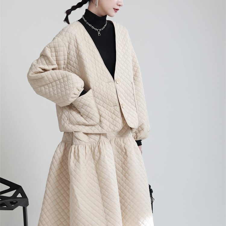 中綿コート レディース アウター キルティングジャケット 切り替え ノーカラー キルティング 薄手 マニッシュ 薄手 韓国風 幾何学模様 ロング丈 軽い 軽量 冬服 厚手 アウター 暖かい lout0