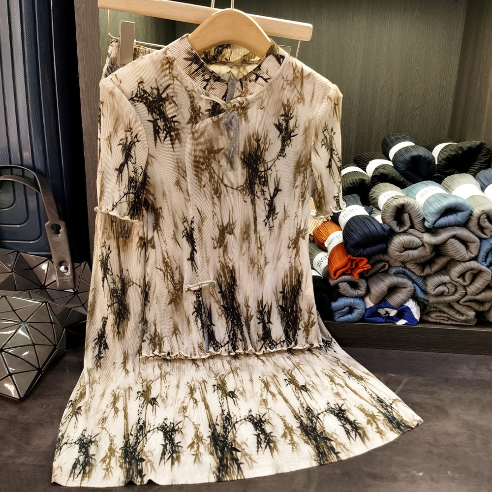 新中国式水墨プリント立襟盤ボタンしわ上着半身スカート2点セット夏ファッションセット 4,830円