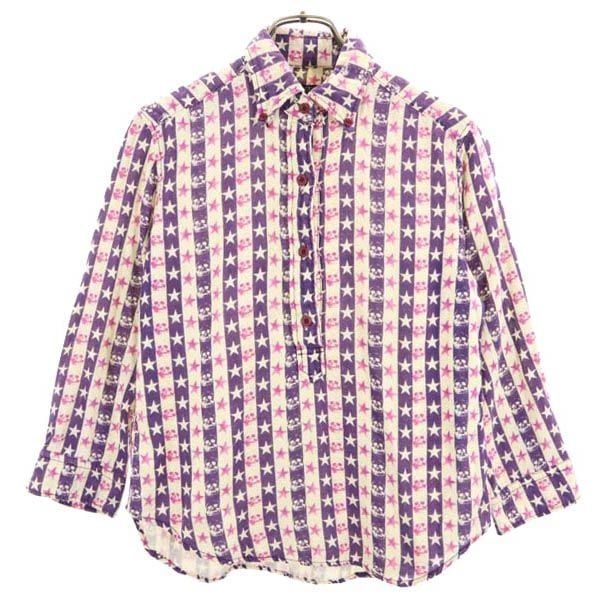 ヒステリック 総柄 長袖 ボタンダウンシャツ パープル×ピンク HYSTERIC ハーフボタン レディース