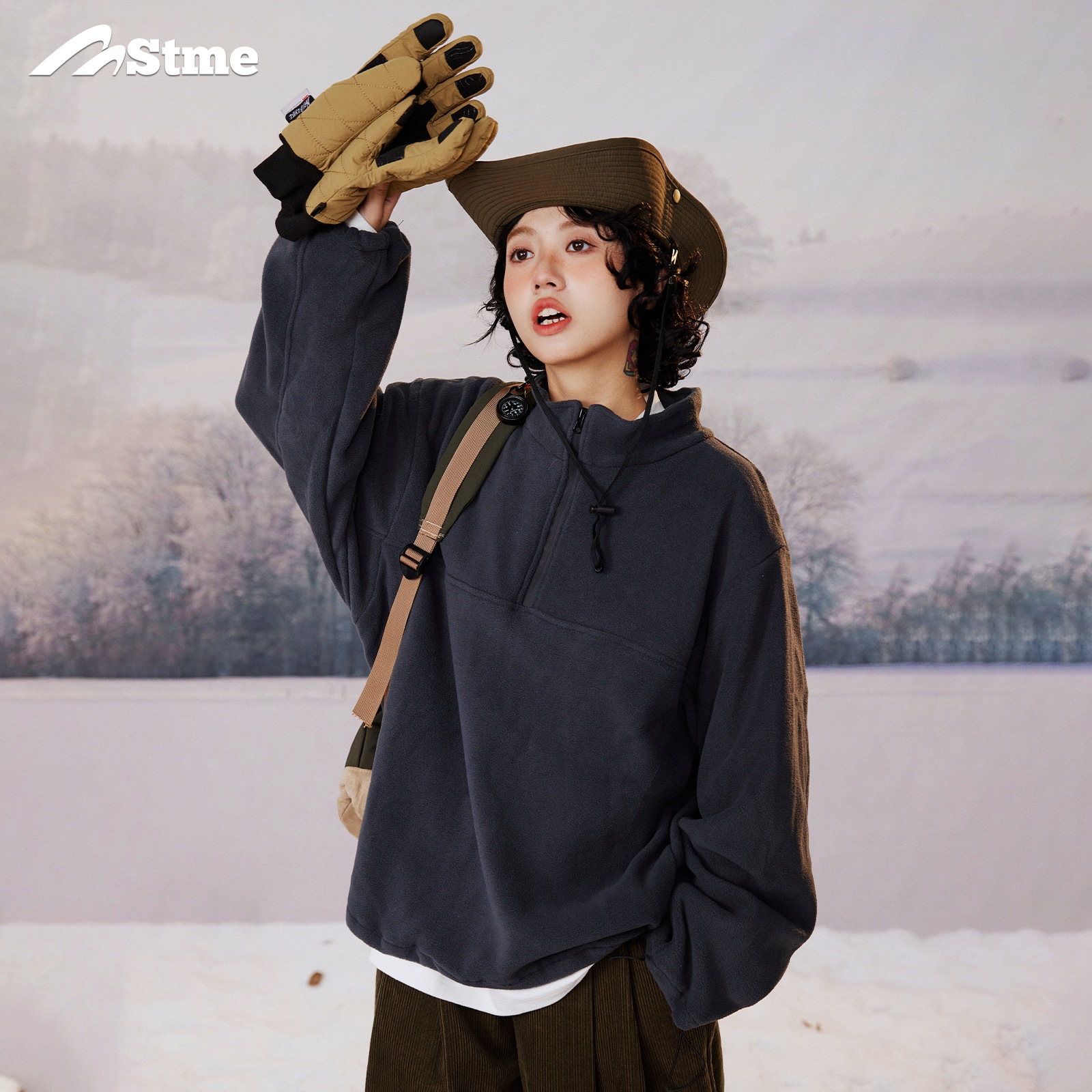 早乙女恵子 Saotome 日本のストリート ポーラーフリース ハーフジップ スウェットシャツ ルーズ カップル