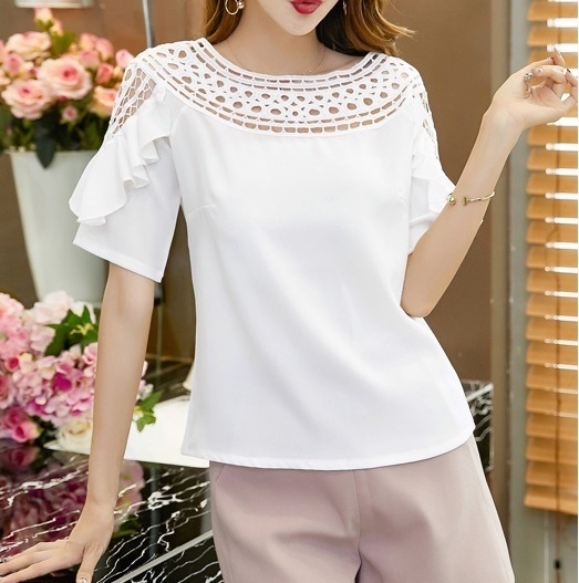 2305.ラウンドネック袖シフォンレースカット半袖トップス(ホワイト) 2019 春夏 新作 大人 かわいい カジュアル OL 20代 30代 デート服 女子会 通勤
