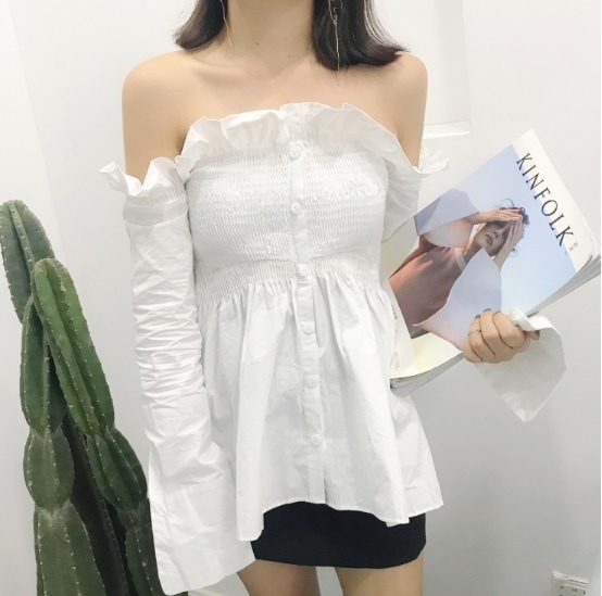 2259.フリルオフショルダーシャツブラウス(ホワイト) 2019 春夏 新作 大人 かわいい カジュアル OL 20代 30代 デート服 女子会