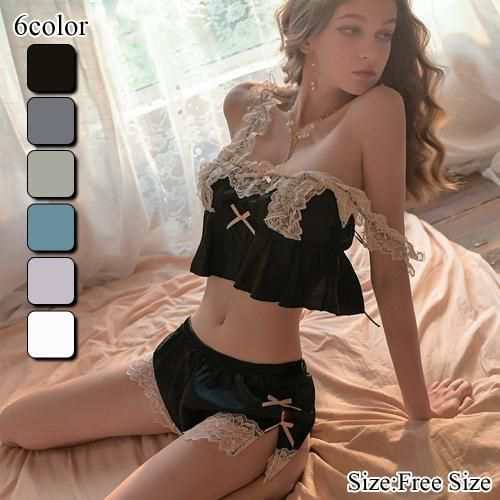 【グラシア】 ルームウェア パジャマ 部屋着 アジャスター ガウン サテン バックリボン スリット フリル ラグジュアリー リボン 可愛い 胸元 レース ブラック グレー コバルトグリーン くすみパー