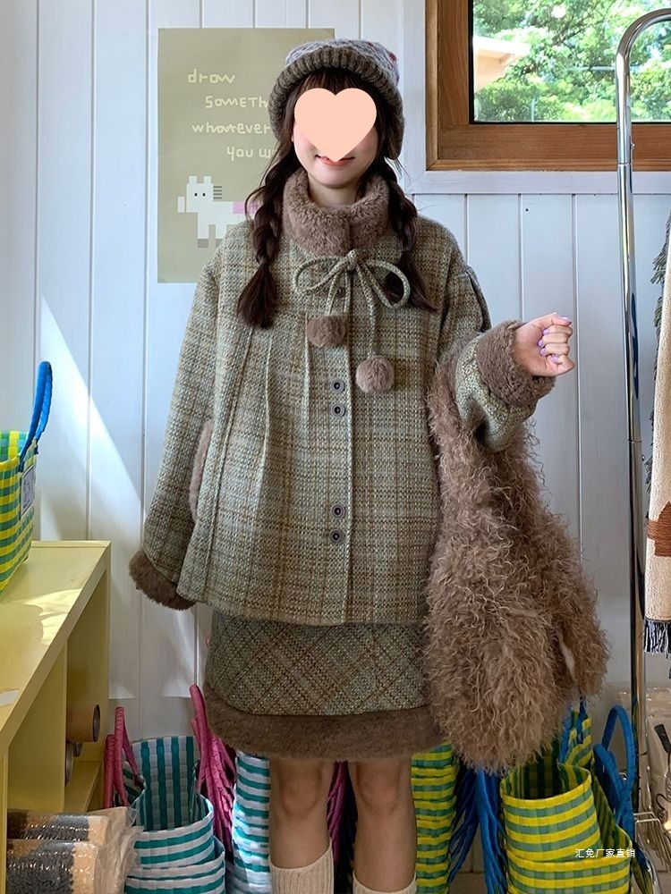 2 点セット冬カレッジスタイル肥厚ハーフスカート女性レトロステッチ毛皮のようなスタンドカラーコートショートスカートスーツ