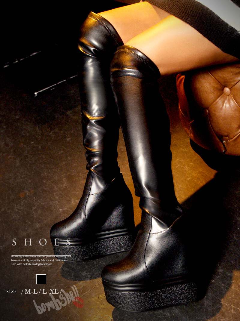 ブーツ ダンスシューズ ロングブーツ フェイクレザー 厚底 ウェッジソール インヒール ダンスシューズ レザー風 クラブ 軽い 脚長 bombshell