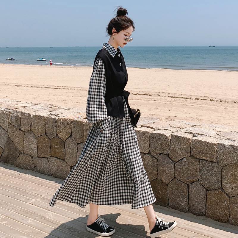 セットアップ ワンピース ベスト レディース ギンガムチェック 黒 大人可愛い きれいめ カジュアル ツーピース ロング丈 マキシ丈 春 秋 チェック柄 ブラック 黒 ホワイト 白 襟付き ボタン シ 6,067円