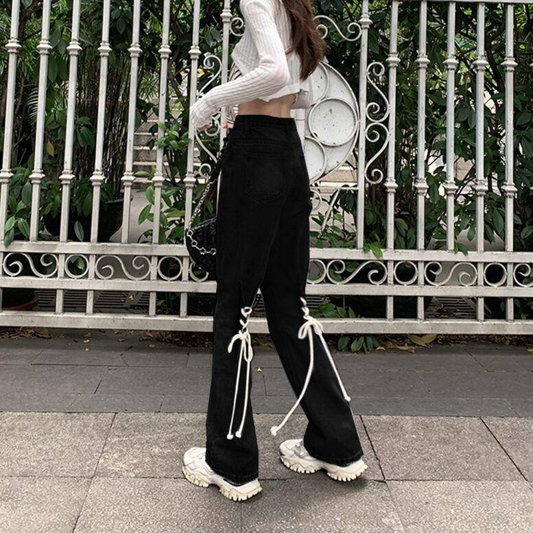 2color レディース デニムパンツ バックレースアップフレアパンツ ブラックデニム リボン レースアップ バックコンシャス ストレートパンツ ワイドパンツ フルレングス スリム ハイウエスト ジー