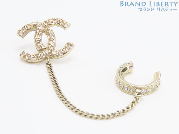 激レアほぼ新品シャネルココマークラインストーンイヤーカフチェーンピアスシャンパンゴールドメタル