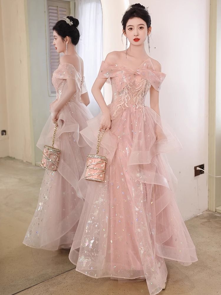 女性のためのピンクのイブニングドレス 2025 ワンショルダーホスト学生成人式スーパー妖精宴会気質