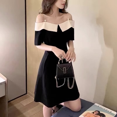 ワンピース フレアワンピース ショート ショート丈 膝上 袖あり 5分袖 五分袖 オフショルダー オフショル フレア ウエストマーク ハイウエスト 大人可愛い 上品 おしゃれ お洒落 ラブリー