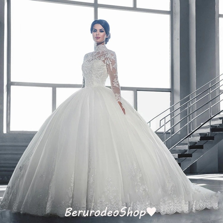 ウェディングドレス レース ハイネック キレイめ トレーンドレス 結婚式ドレス 白 ホワイトドレス 二次会ドレス 海外挙式 ウェディングドレス 大きいサイズ 袖あり 長袖 ロングドレス 花嫁ドレス 優