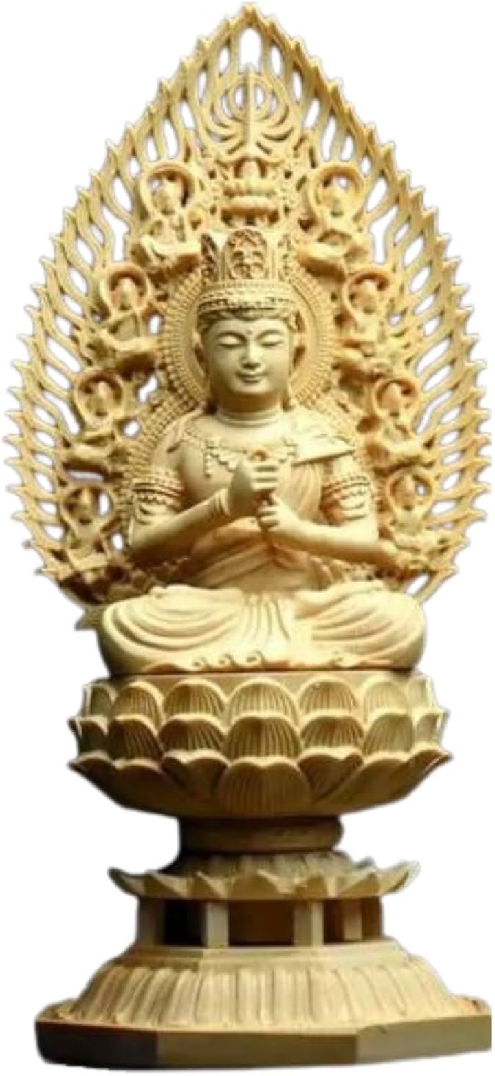 仏像 大日如来 真言宗 仏具 木彫り 桧木製 飛天光背 八角台座 悩み 祈る 厄除け 御利益 功徳 (ベージュ, 高さ28cmx巾12cmx奥行12cm)