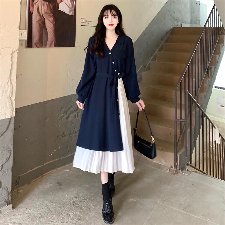 ワンピース パッチワーク プリーツ ミモレ丈 袖あり 長袖 Vネック かわいい 大人可愛い きれいめ
