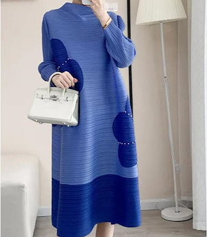 スタンドカラーのA字ワンピース三宅プリーツ2023春の気品ゆったりミディアムスカート