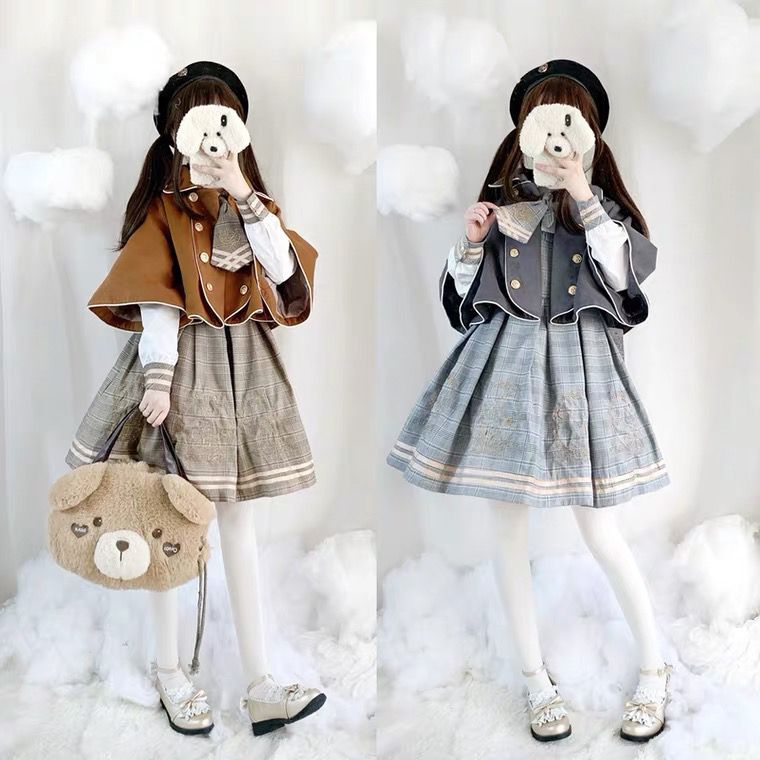 秋冬の女子学生服かわいいクマ探偵カレッジスタイルドレス+ケープジャケット2枚 5,063円