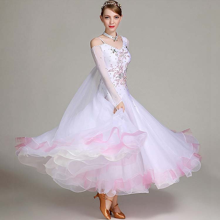 ゴージャス社交ダンスドレス 発表会舞台演出服 ラテンワルツドレス 練習服 キラキラインターナショナルダンス衣装 レッスン着 競技着 ラインストーン 白ピンク配色豪華モダンドレス スパンコール