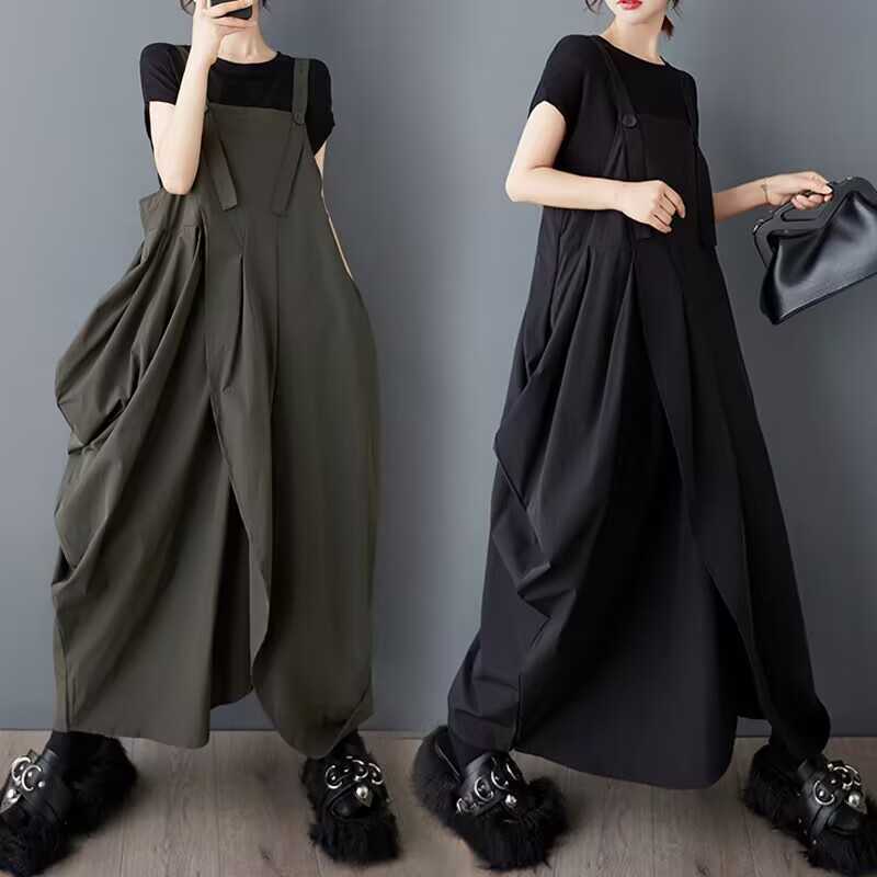 [高质量 ]「ファットガール」 大きいサイズ デザイン感 アシンメトリー ノースリーブ サロペットスカート 体型カバー レディースオーバーオールスカート メガ割