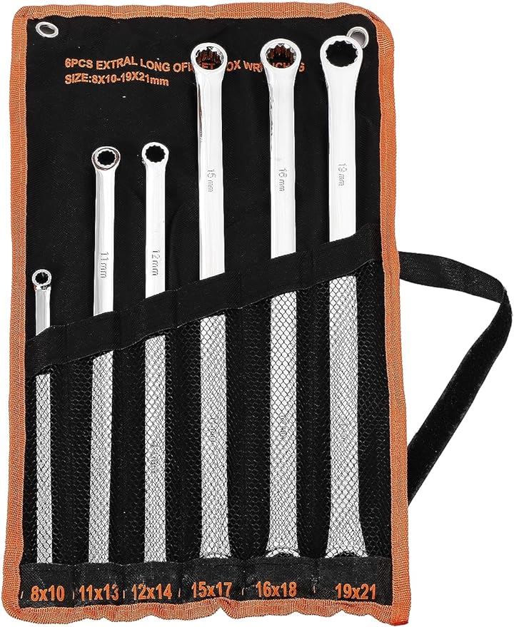 超ロングストレート メガネ レンチ 6本組セット 鏡面 ミラー 仕上げ 熱処理 ミリサイズ 12角 メガネレンチ 収納袋付き(メッキ)