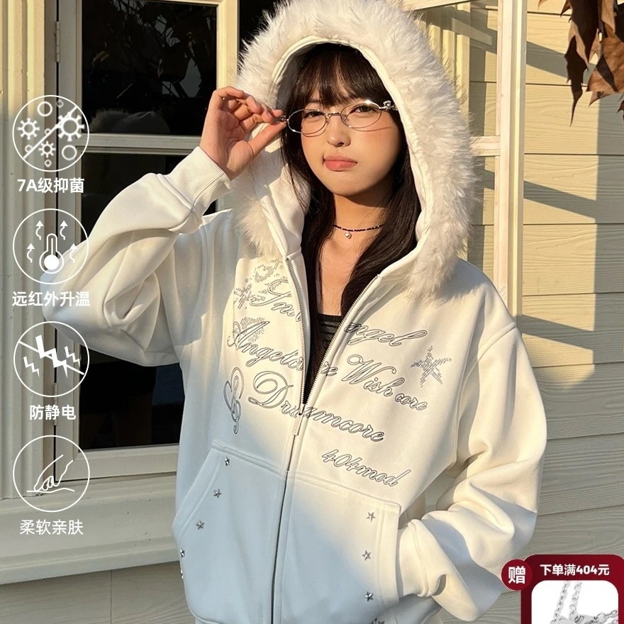 2025 防寒 暖かい厚手 かわいい 長袖トップスカジュアルファッション系フルカラーダコーデトラック レディース 裹起毛 韓国っぽ プリントアウタートレンド ブルゾンフード付き羽織りロング丈 秋冬
