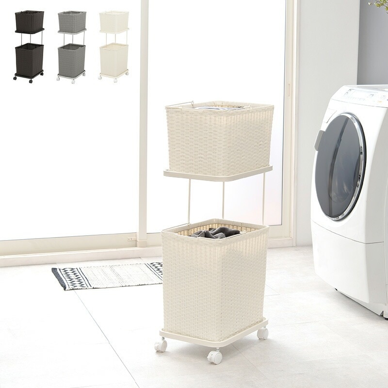 ランドリーワゴン 2個バスケット 種類分け 狭い脱衣所のスペースを取らない カゴ取り外し可能 すきま収納