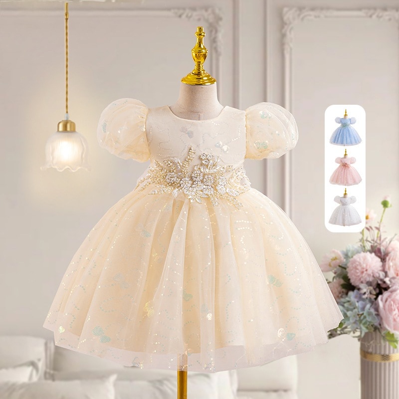 【1つ買うと10つ無料】2025パフスリーブスリーブフラワーウエストドレス少女の最初の誕生日パーティードレスガールプリンセススカート