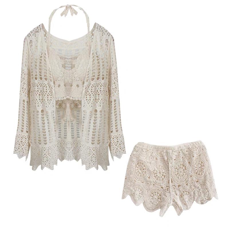 ビキニ レディース 水着 上下セット セパレート ビーチ 旅行 温泉 胸パッドあり ワイヤーなし ハイウエスト 体型カバー ホルターネック おしゃれ レース ニット