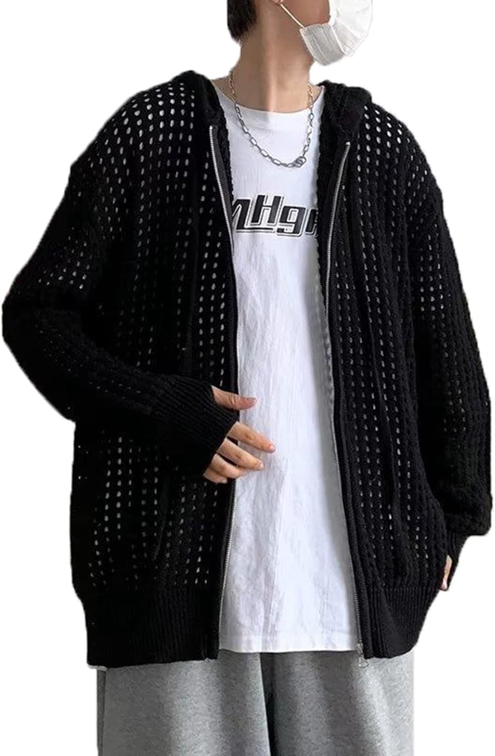 メンズ 無地 カーディガン シースルー ジップアップ フード付き パーカー ニット 柔らかい 韓国風 ファッション 個性的 かっこいい カジュアル 前開き 耐久性 耐磨耗 日常 お出かけ