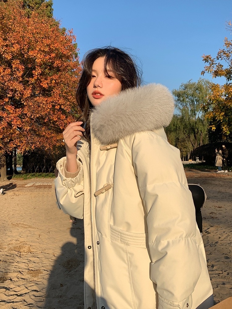 ホーンバックルフォックスファーダウンジャケットレディースロングスタイル2024ファッション韓国風デザインセンスウエスト冬