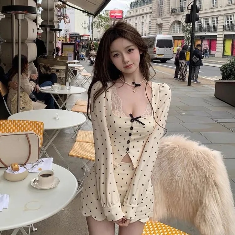 女性用長袖トップとハイウエストウェーブポイントスカート,レースパッチワーク,2ピースセット,新しい,初秋,2022 - 200000345