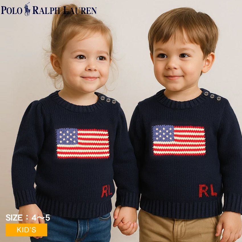 キッズ ジュニア 子供 セーター トップス 肩釦 プルオーバー 長袖 クルーネック ブランド ロゴ FLAG COTTON CREW SWEATER 312668609
