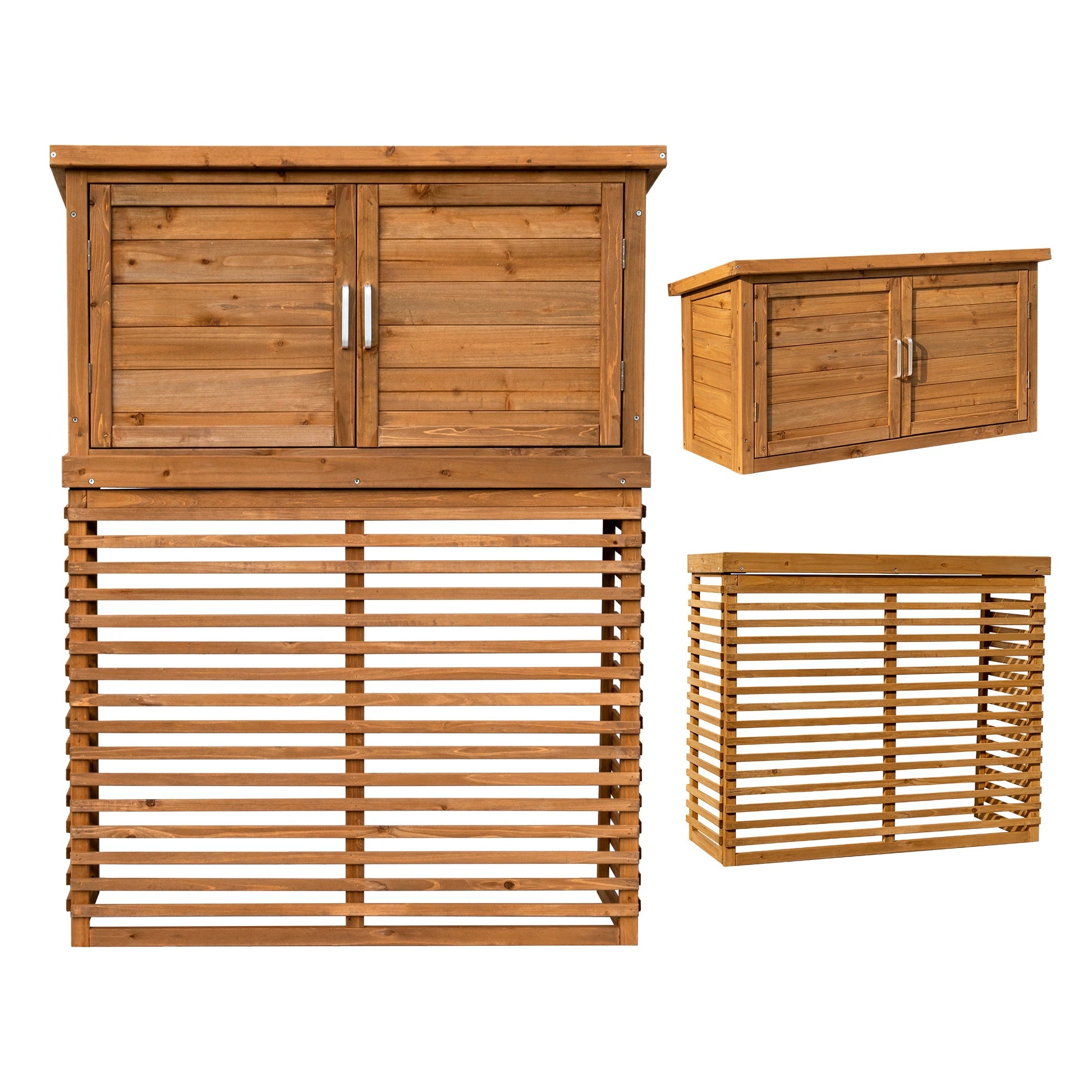 1986【収納庫付き】エアコン室外機カバー 天然木 エアコン 日よけ 棚 収納 ラック 室外機カバー ワイド 目隠し ベランダ 庭 屋外 雪 除け おしゃれ【ナチュラルブラウン】