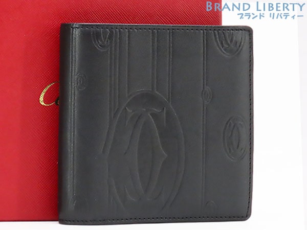 美品カルティエパシャドゥカルティエマトリックス二つ折り財布コンパクト財布ブラックカーフレザーL3001209